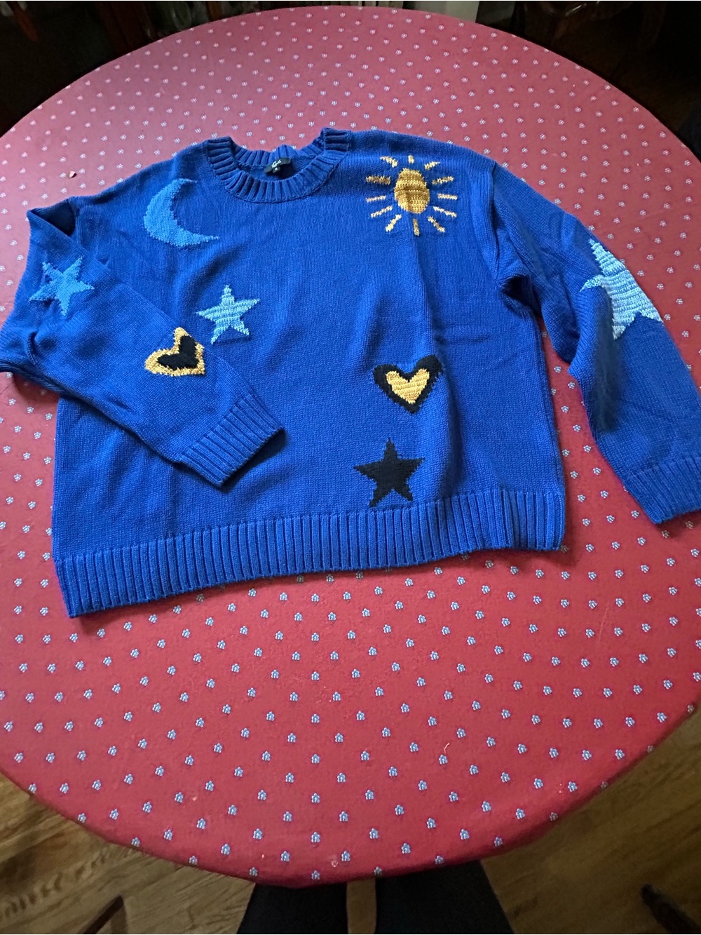 Rails Blue XL Cotton Crewneck Sweater with Sun, Moon, Stars and Heart Motifs